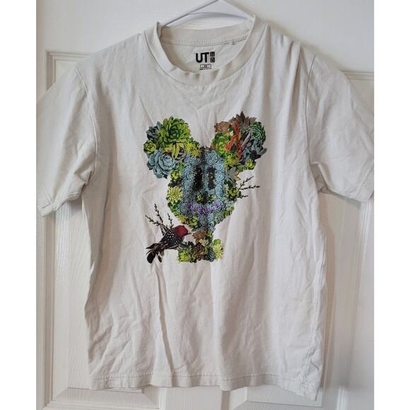 Disney UT Japanese Flower Mickey Shirt White XSmall Roses Bird Rare - Picture 3 of 5